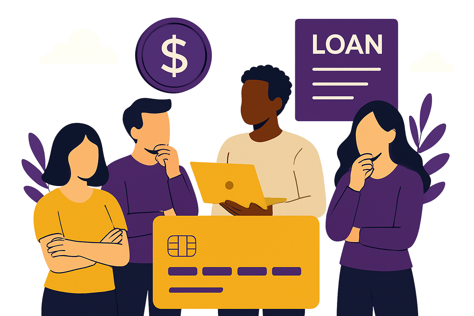 Illustration of four diverse people considering financial options, with a large credit card in the foreground, a dollar sign coin, and a loan document in purple and yellow colors against a light background with decorative plant elements.