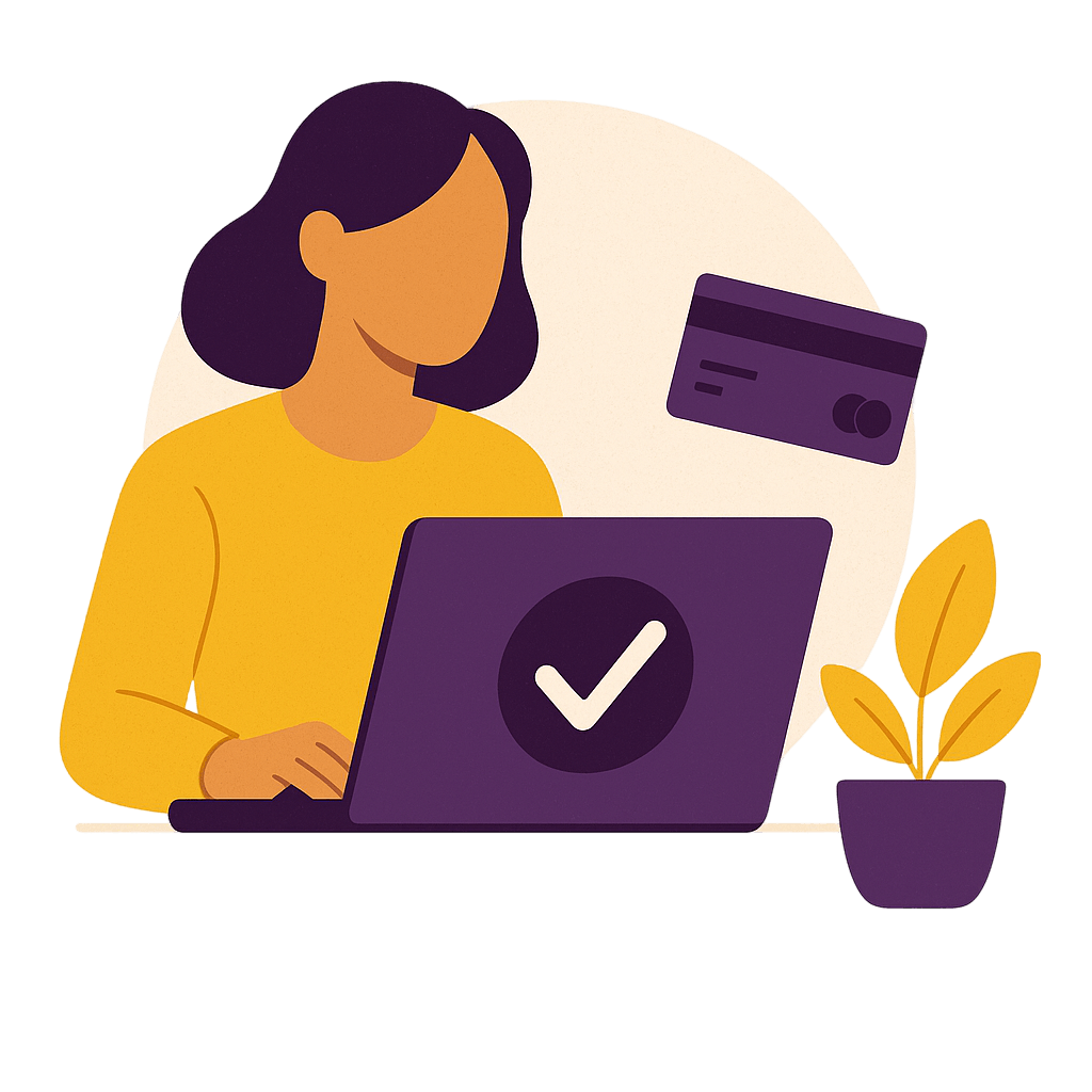Illustration of a woman in a yellow shirt using a purple laptop with a checkmark on the screen, indicating successful completion or approval, with a credit card floating nearby and a small potted plant, set against a beige circular background in purple and yellow color scheme.